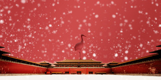 红色复古风雪花冬天冬季古建筑丹顶鹤大寒背景